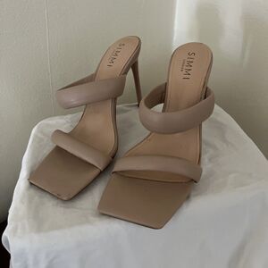 Simmi London Skye Padded Strap Stiletto Square Toe Mule, Nude Tan- Size 8